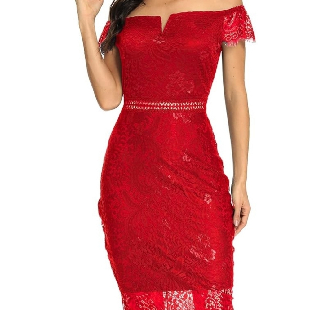 Elegant Red Lace Off-Shoulder Dress